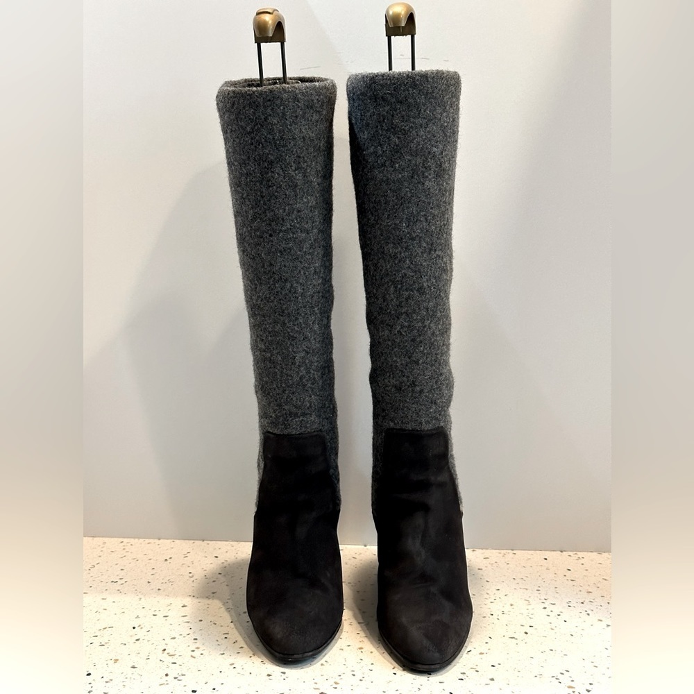 Designer Christian Dior CD‎ Gray Suede & Wool Tall Knee High Wedge Boots - Picture 6 of 16